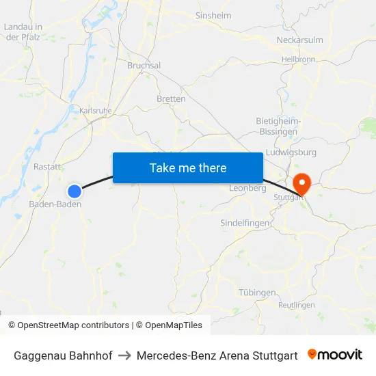 Gaggenau Bahnhof to Mercedes-Benz Arena Stuttgart map
