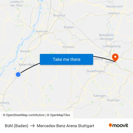 Bühl (Baden) to Mercedes-Benz Arena Stuttgart map