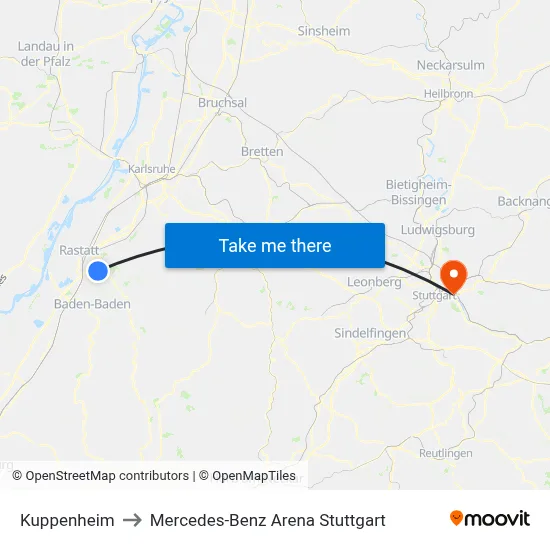 Kuppenheim to Mercedes-Benz Arena Stuttgart map