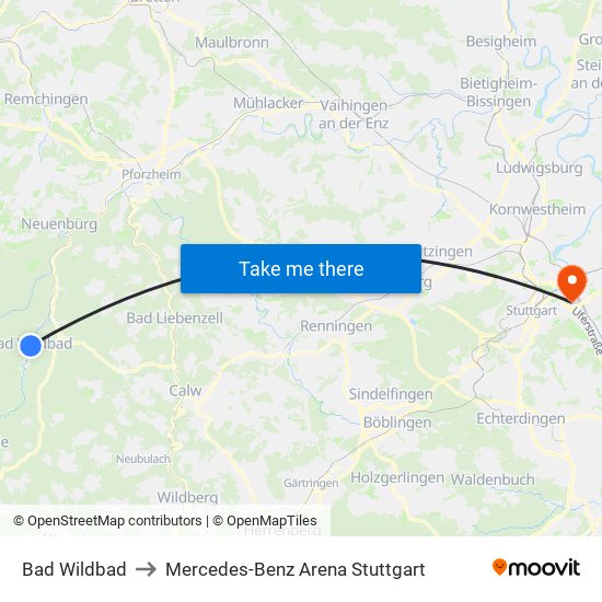 Bad Wildbad to Mercedes-Benz Arena Stuttgart map