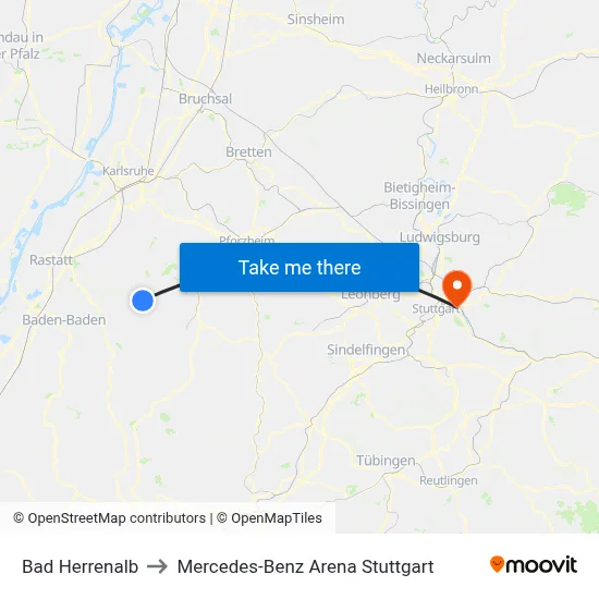 Bad Herrenalb to Mercedes-Benz Arena Stuttgart map