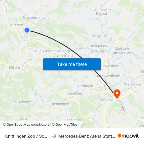 Knittlingen Zob / Schule to Mercedes-Benz Arena Stuttgart map