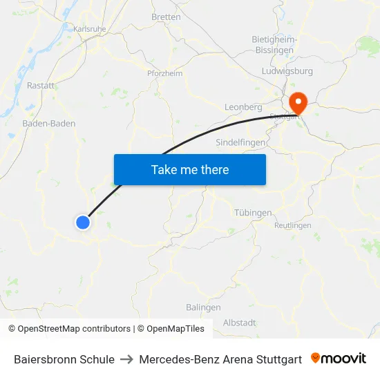 Baiersbronn Schule to Mercedes-Benz Arena Stuttgart map