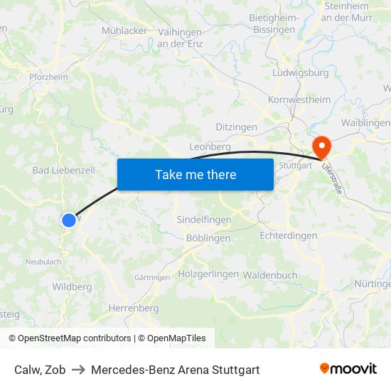 Calw, Zob to Mercedes-Benz Arena Stuttgart map