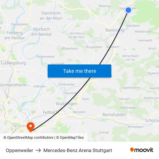 Oppenweiler to Mercedes-Benz Arena Stuttgart map