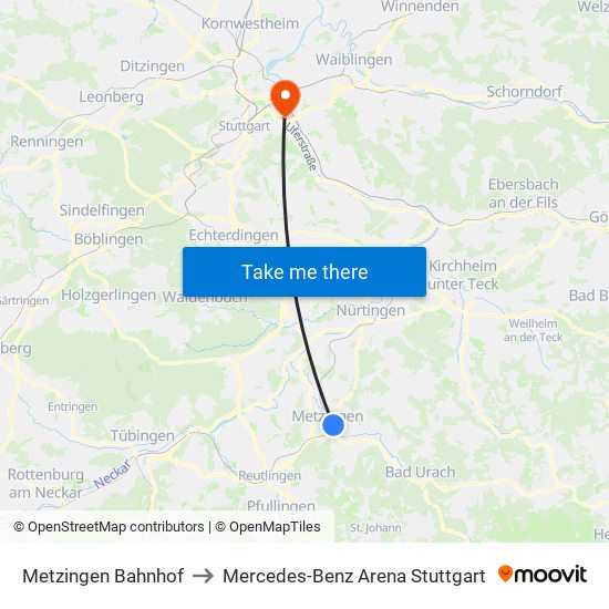 Metzingen Bahnhof to Mercedes-Benz Arena Stuttgart map