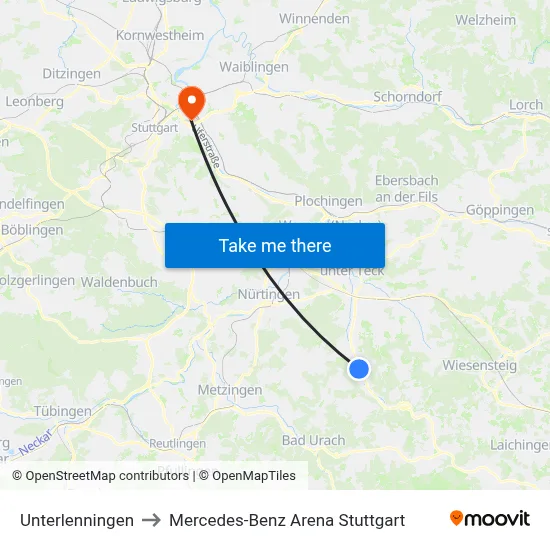 Unterlenningen to Mercedes-Benz Arena Stuttgart map