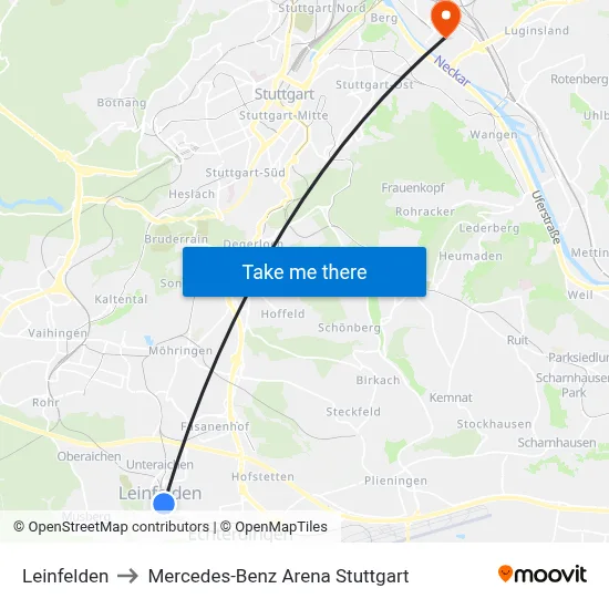 Leinfelden to Mercedes-Benz Arena Stuttgart map