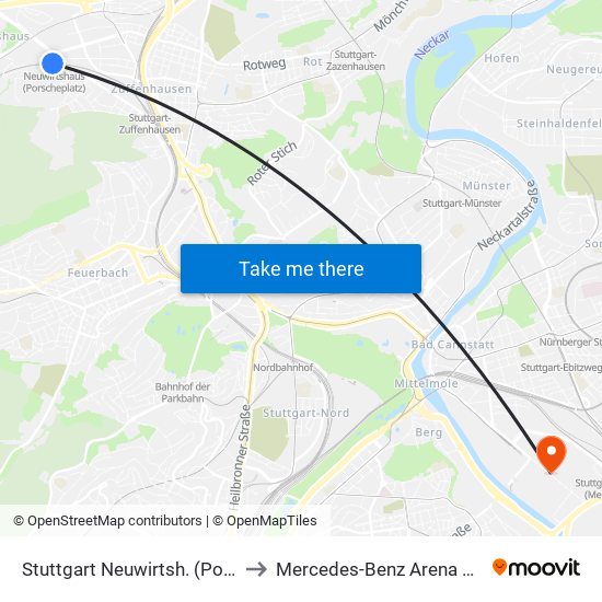 Stuttgart Neuwirtsh. (Porschep.) to Mercedes-Benz Arena Stuttgart map