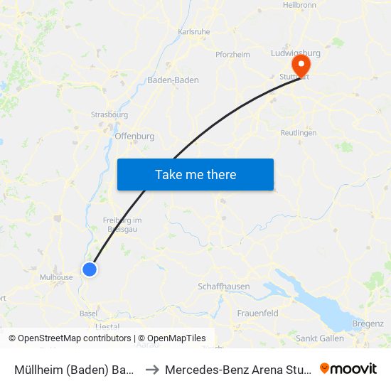 Müllheim (Baden) Bahnhof to Mercedes-Benz Arena Stuttgart map