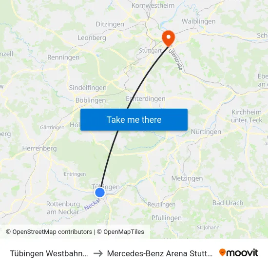 Tübingen Westbahnhof to Mercedes-Benz Arena Stuttgart map