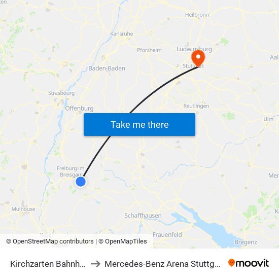 Kirchzarten Bahnhof to Mercedes-Benz Arena Stuttgart map