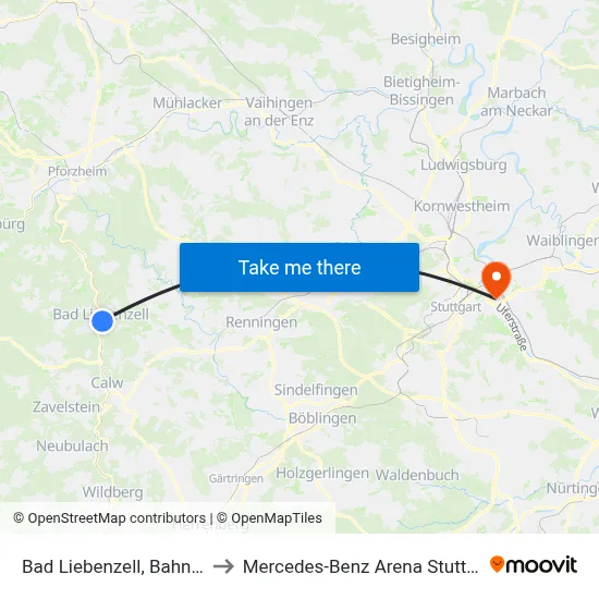Bad Liebenzell, Bahnhof to Mercedes-Benz Arena Stuttgart map