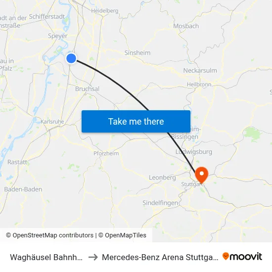 Waghäusel Bahnhof to Mercedes-Benz Arena Stuttgart map