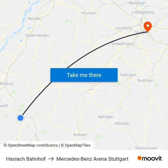 Haslach Bahnhof to Mercedes-Benz Arena Stuttgart map