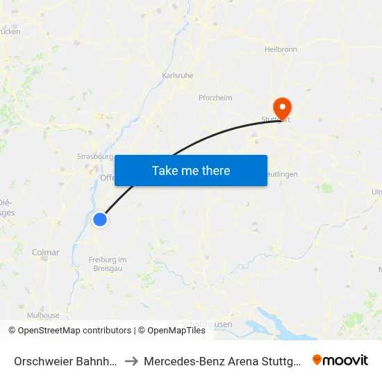 Orschweier Bahnhof to Mercedes-Benz Arena Stuttgart map