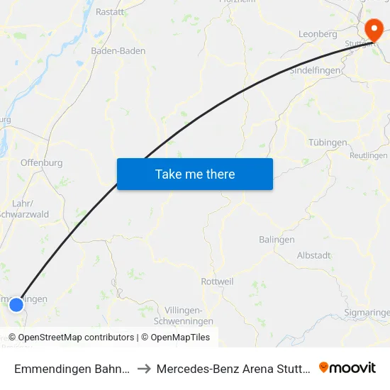 Emmendingen Bahnhof to Mercedes-Benz Arena Stuttgart map