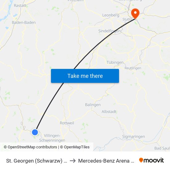 St. Georgen (Schwarzw) Bahnhof to Mercedes-Benz Arena Stuttgart map