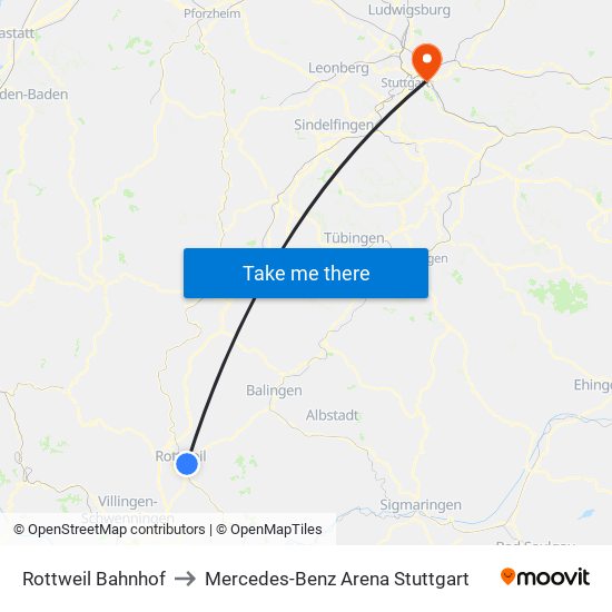 Rottweil Bahnhof to Mercedes-Benz Arena Stuttgart map