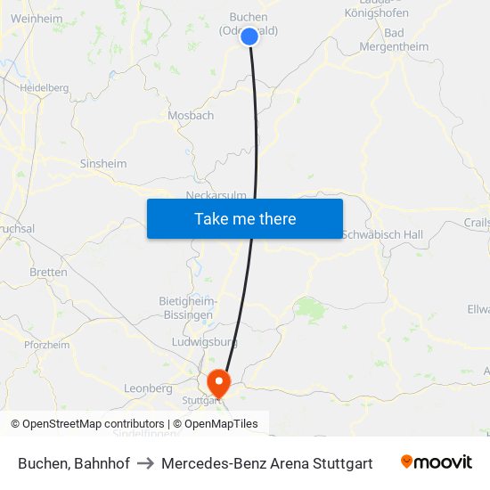 Buchen, Bahnhof to Mercedes-Benz Arena Stuttgart map