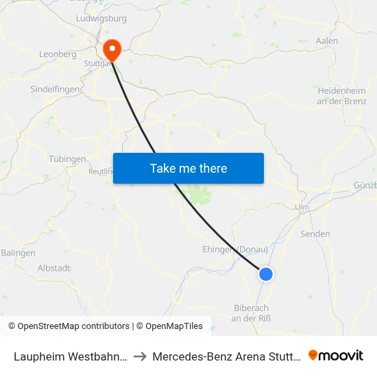 Laupheim Westbahnhof to Mercedes-Benz Arena Stuttgart map