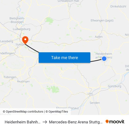 Heidenheim Bahnhof to Mercedes-Benz Arena Stuttgart map