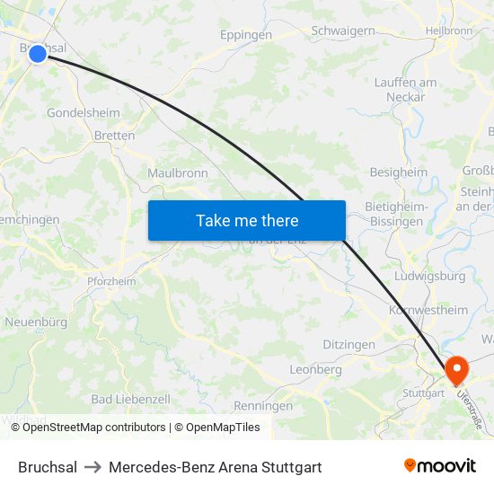 Bruchsal to Mercedes-Benz Arena Stuttgart map