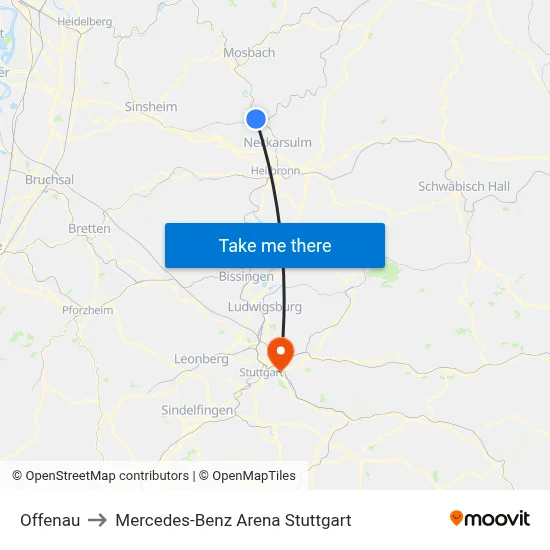Offenau to Mercedes-Benz Arena Stuttgart map