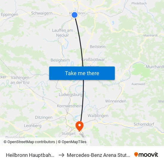 Heilbronn Hauptbahnhof to Mercedes-Benz Arena Stuttgart map