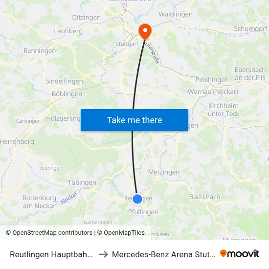 Reutlingen Hauptbahnhof to Mercedes-Benz Arena Stuttgart map
