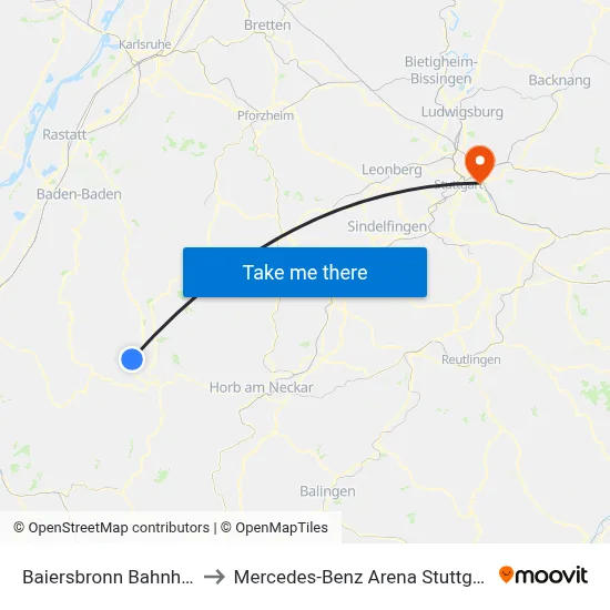 Baiersbronn Bahnhof to Mercedes-Benz Arena Stuttgart map