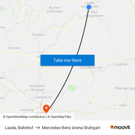 Lauda, Bahnhof to Mercedes-Benz Arena Stuttgart map