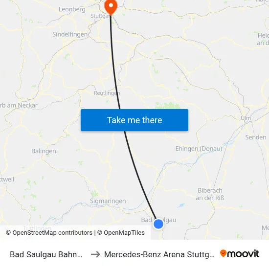Bad Saulgau Bahnhof to Mercedes-Benz Arena Stuttgart map