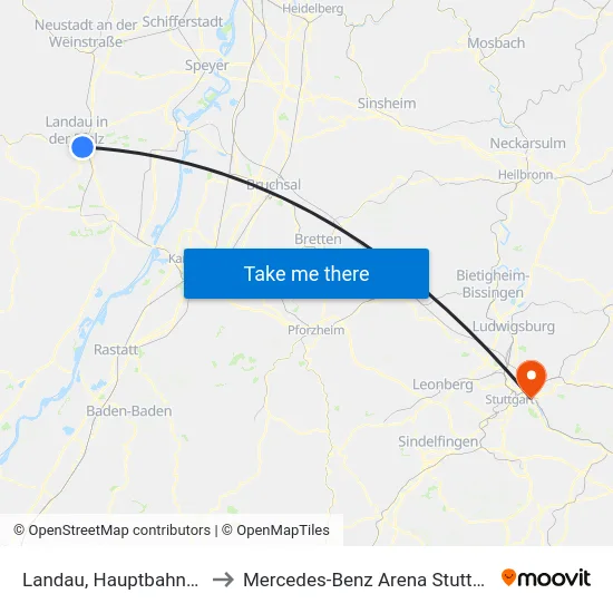 Landau, Hauptbahnhof to Mercedes-Benz Arena Stuttgart map