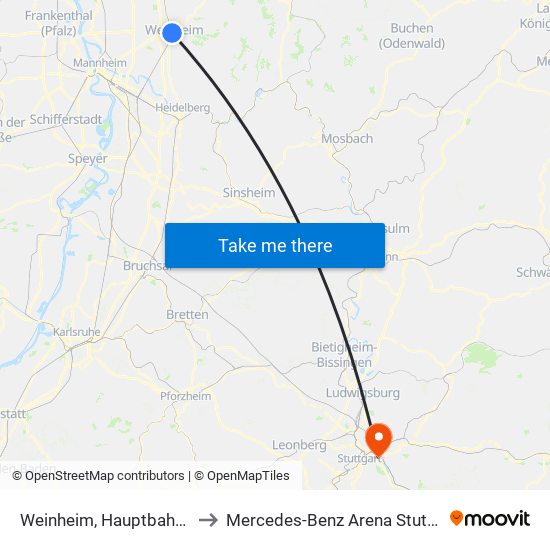 Weinheim, Hauptbahnhof to Mercedes-Benz Arena Stuttgart map