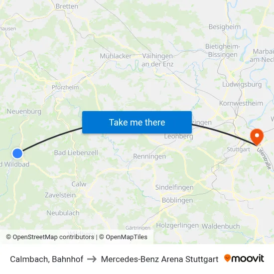 Calmbach, Bahnhof to Mercedes-Benz Arena Stuttgart map