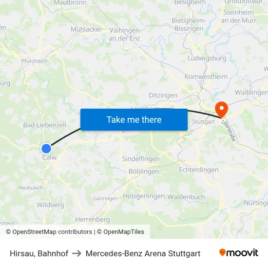 Hirsau, Bahnhof to Mercedes-Benz Arena Stuttgart map