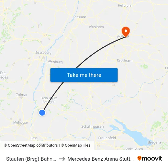 Staufen (Brsg) Bahnhof to Mercedes-Benz Arena Stuttgart map