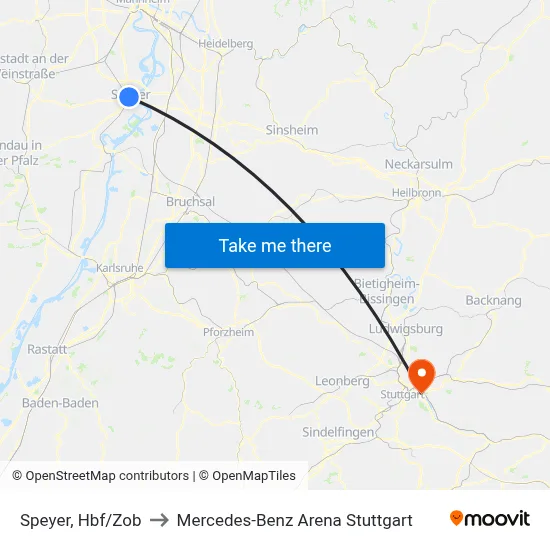 Speyer, Hbf/Zob to Mercedes-Benz Arena Stuttgart map
