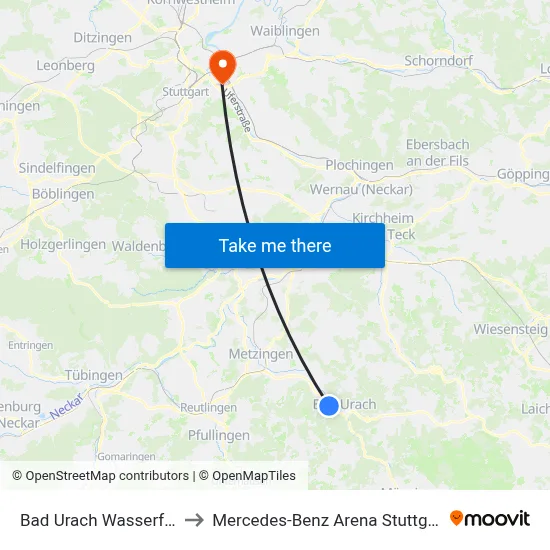 Bad Urach Wasserfall to Mercedes-Benz Arena Stuttgart map