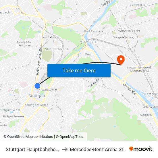 Stuttgart Hauptbahnhof (Tief) to Mercedes-Benz Arena Stuttgart map