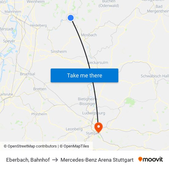 Eberbach, Bahnhof to Mercedes-Benz Arena Stuttgart map