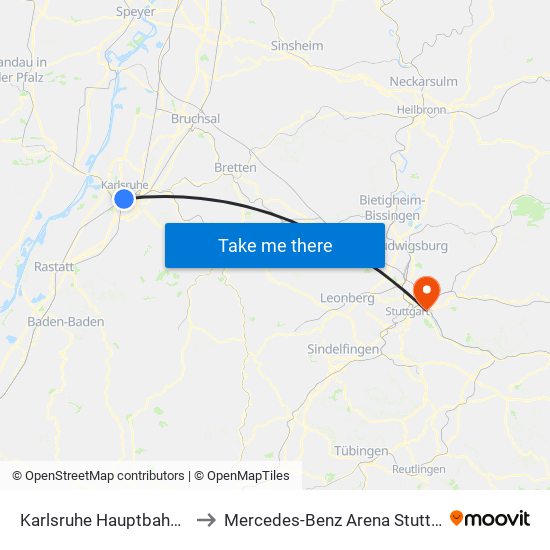 Karlsruhe Hauptbahnhof to Mercedes-Benz Arena Stuttgart map