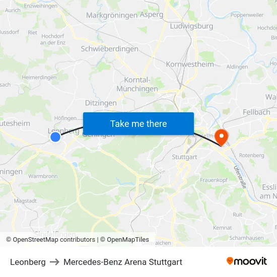 Leonberg to Mercedes-Benz Arena Stuttgart map