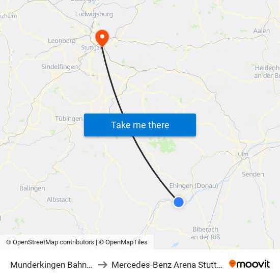 Munderkingen Bahnhof to Mercedes-Benz Arena Stuttgart map