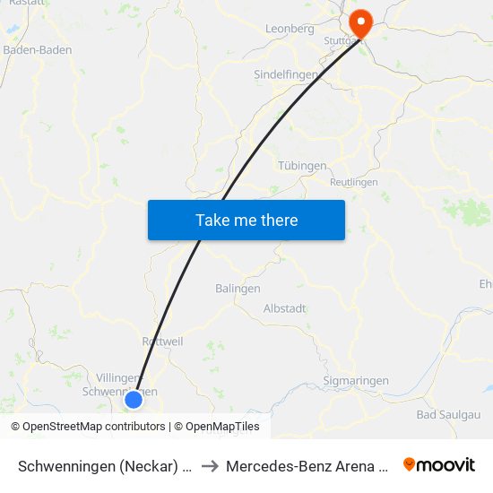 Schwenningen (Neckar) Bahnhof to Mercedes-Benz Arena Stuttgart map