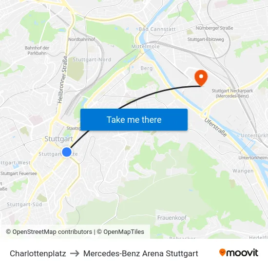 Charlottenplatz to Mercedes-Benz Arena Stuttgart map
