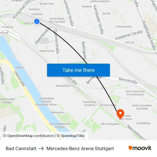 Bad Cannstatt to Mercedes-Benz Arena Stuttgart map