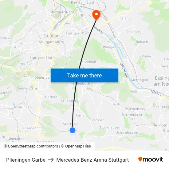 Plieningen Garbe to Mercedes-Benz Arena Stuttgart map