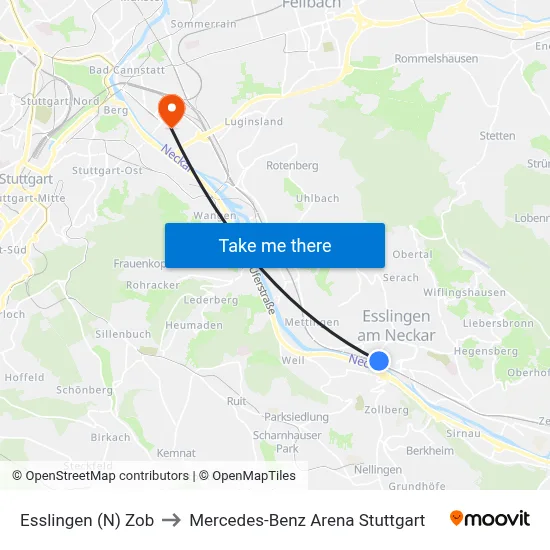 Esslingen (N) Zob to Mercedes-Benz Arena Stuttgart map